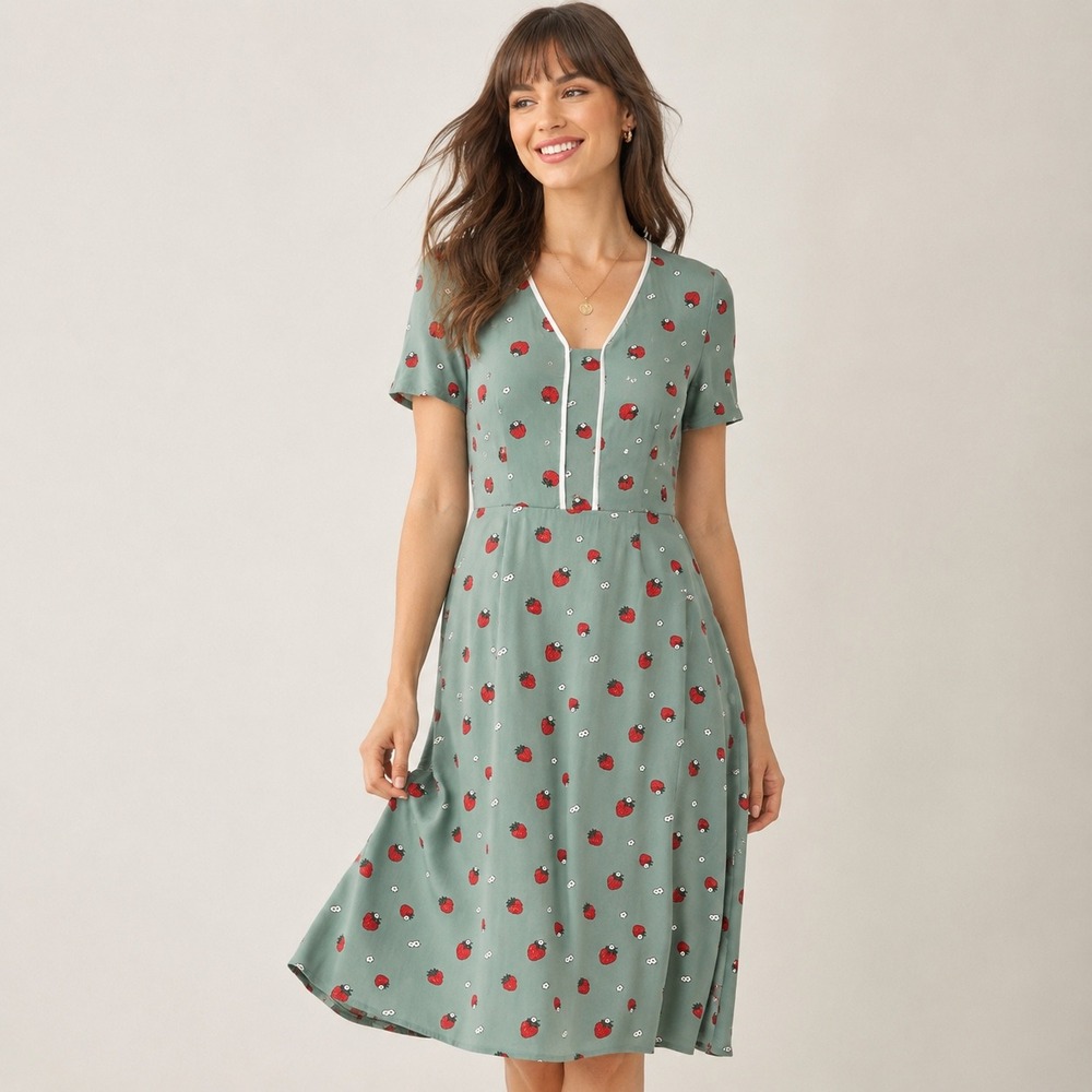 Sugarhill Boutique Strawberry Print Tea Dress Sage Green Short Sleeve US 0
